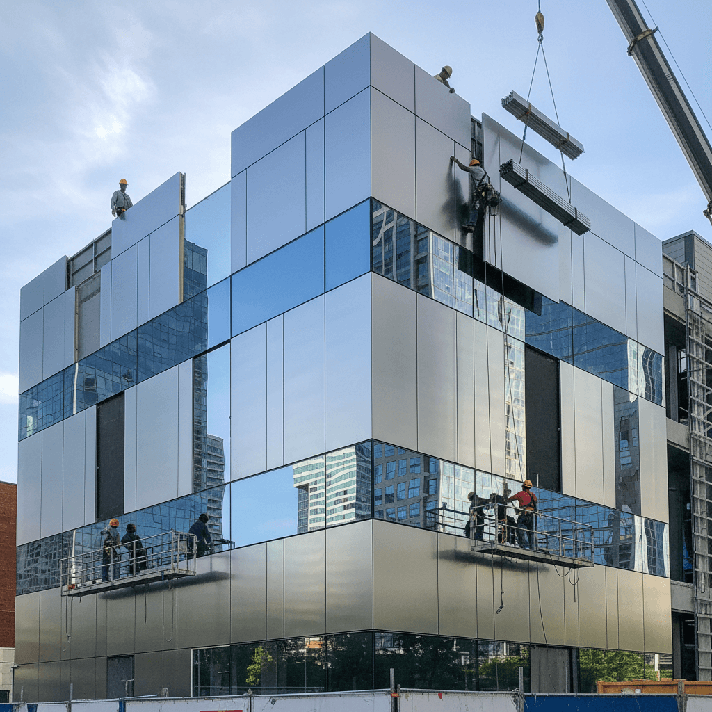 modern aluminum facade system installation on commercial building with clean lines and reflective surfaces