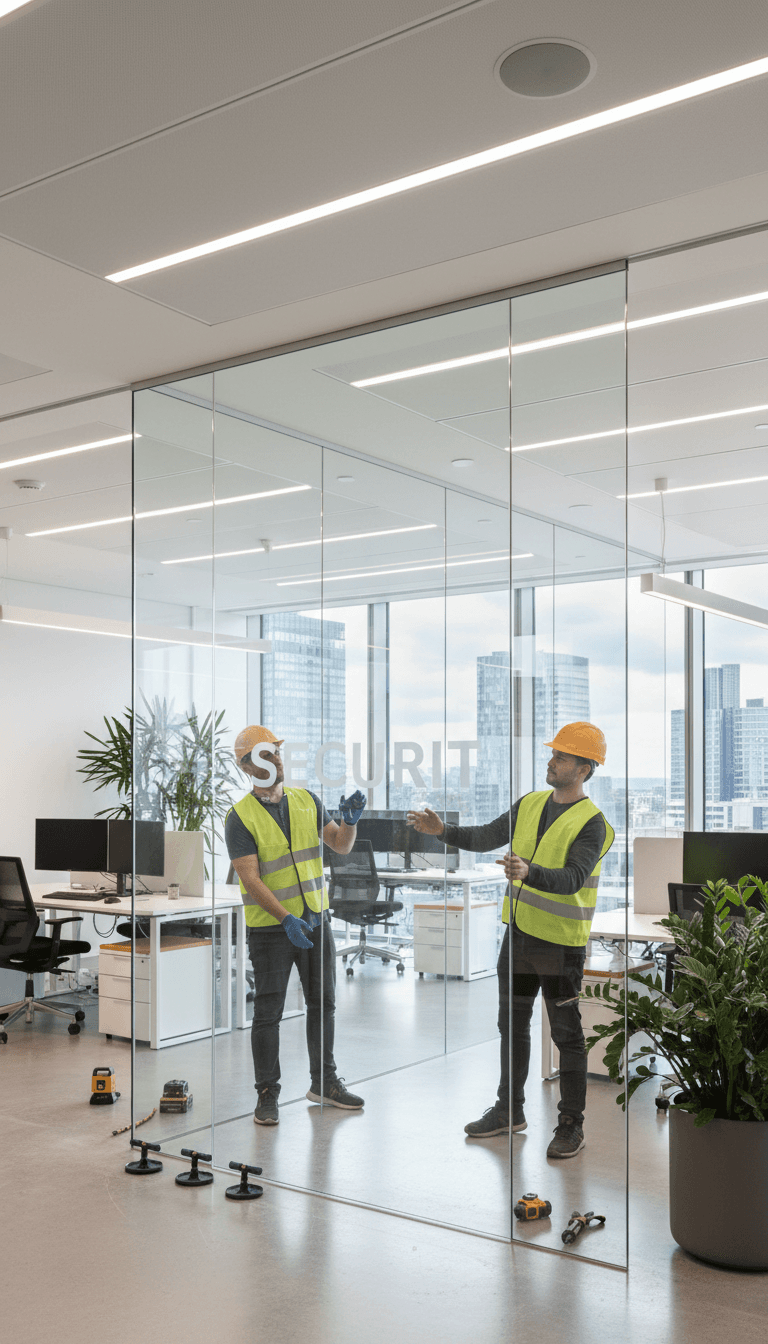 securit glass partition installation in modern office interior