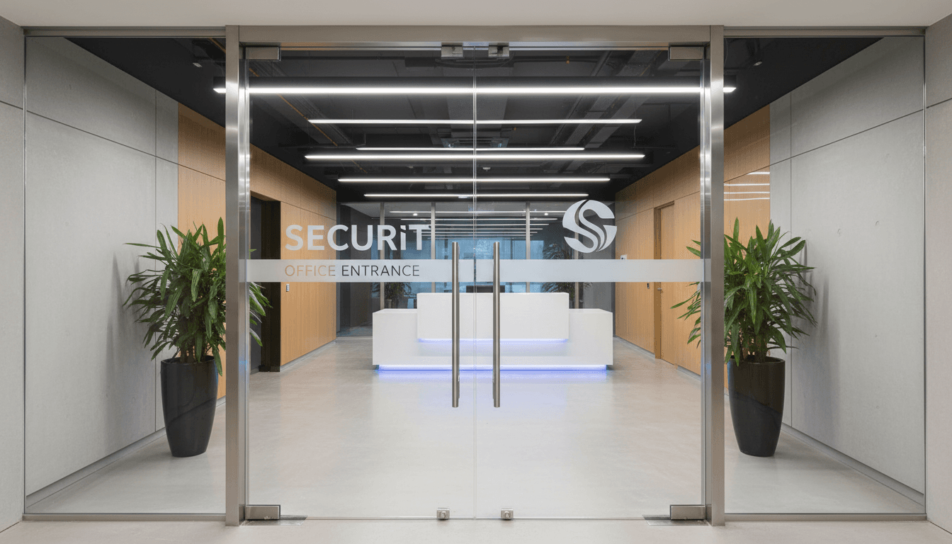 أبواب زجاج سكريت بإطارات ألمنيوم في مدخل مكتب عصري